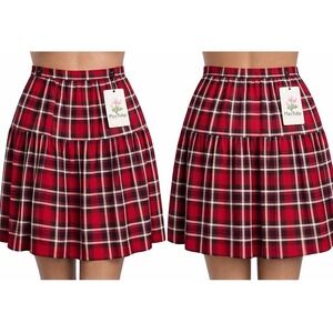 Tulip B Plaid Midi Skirt XL Red Tartan Pleated Preppy Cottagecore Pockets NWT